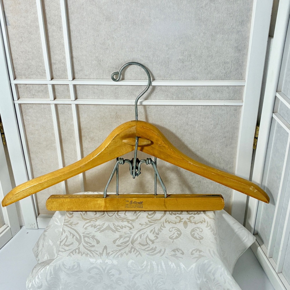 Vintage Setwell Wooden Suit Hanger Wishbone Coat Pants Bar Mid Century Modern